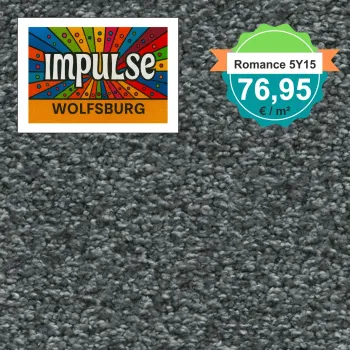 Teppichmuster mit Label „Impulse WOLFSBURG“ und Badge „Romance 5Y15 – 76,95 €/m²“
